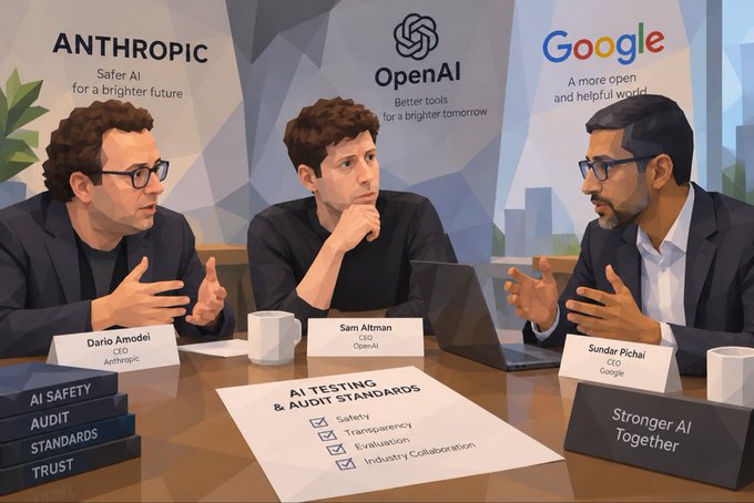 An illustrated depiction of three men, Dario Amodei (Anthropic), Sam Altman (OpenAI), and Sundar Pichai (Google), seated at a table discussing 'AI TESTING & AUDIT STANDARDS' with checkboxes for Safety, Transparency, and Evaluation, alongside a 'Stronger AI Together' sign.