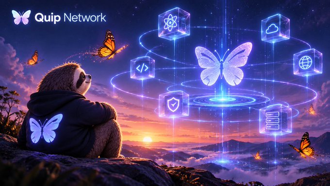 An advertisement for 'Quip Network' shows a sloth wearing a butterfly-logo hoodie sitting on a cliff, gazing at a glowing holographic butterfly surrounded by tech icons at sunset.