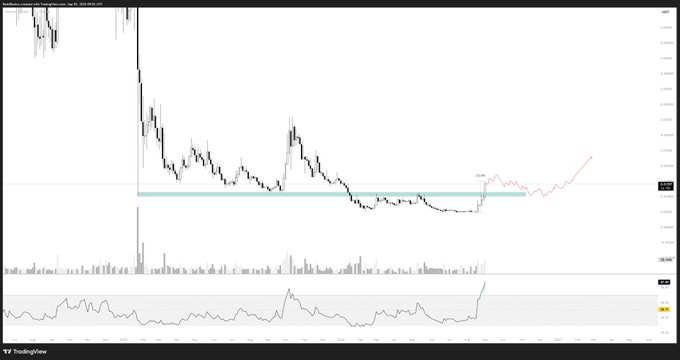 A TradingView financial chart displaying candlestick price action with volume bars and an RSI indicator at the bottom, featuring a horizontal support line and a pink trend line drawn in the recent price action.