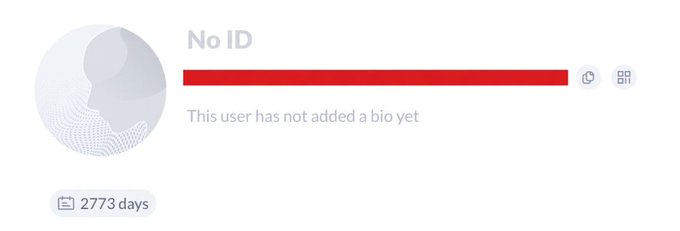 A user profile placeholder displays 'No ID' and 'This user has not added a bio yet' alongside '2773 days' on the platform.