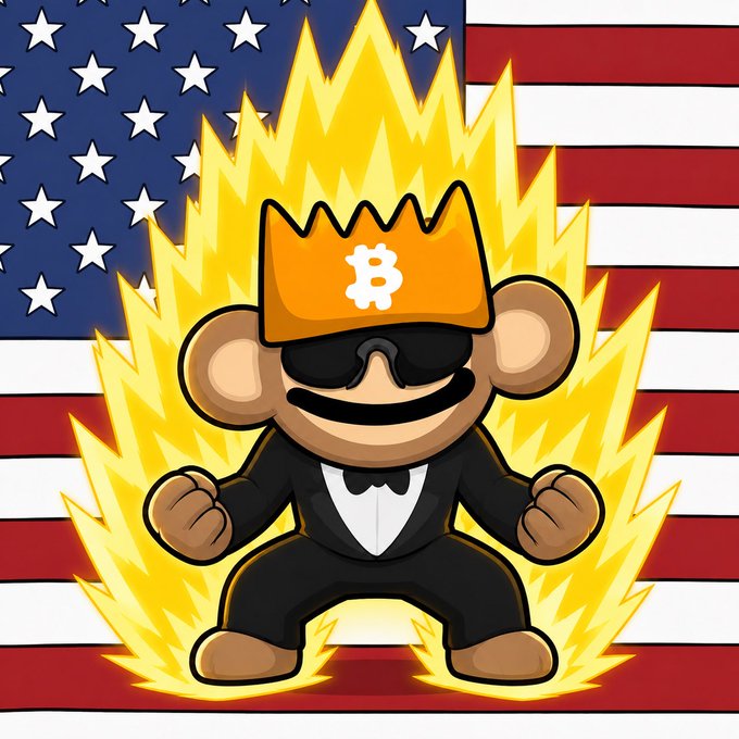 A cartoon monkey wearing a Bitcoin crown, sunglasses, and a tuxedo stands in front of an American flag with a yellow fiery aura behind it.