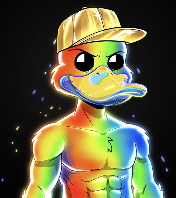 A stylized anthropomorphic duck wearing a gold cap is rendered in bright rainbow colors on a black background.