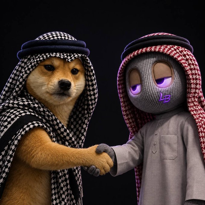 A Shiba Inu dog wearing a checkered keffiyeh and a hooded character in a gray mask and red-checkered keffiyeh are shown shaking hands against a black background.