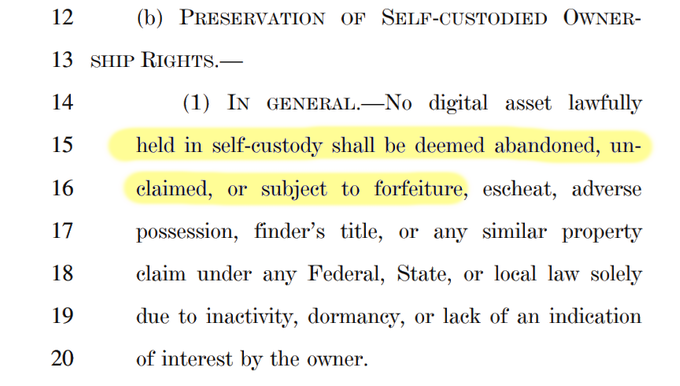 A snippet from the CLARITY Act bill showing Section (b) "Preservation of Self-Custodied Ownership Rights," which states that digital assets lawfully held in self-custody cannot be deemed abandoned, unclaimed, or subject to forfeiture solely due to inactivity, dormancy, or lack of owner indication—directly relating to the post about ending "lost" Bitcoin lawsuits like the "Noah Doe" cases.