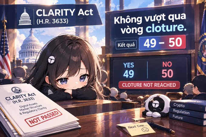 An anime-style illustration depicting the CLARITY Act (H.R. 3633) failing to pass cloture with a 49-50 vote, showing a sad girl at a desk with documents marked 'NOT PASSED'.