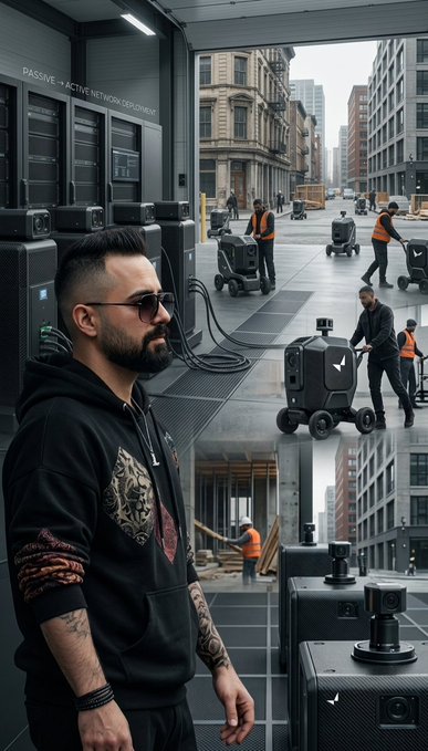 A stylized scene shows a man in a black hoodie with a lion graphic and tattoos standing near futuristic black equipment and robotic units, with workers in orange vests operating machinery in an urban street setting.