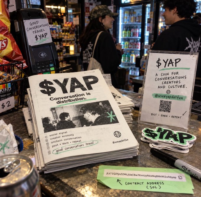A counter display promotes '$YAP' branded newspapers and merchandise with the tagline 'Conversation is distribution' and 'A coin for conversations, creators and culture,' alongside a Solana contract address.