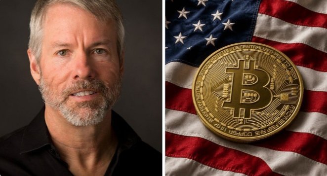 A headshot of Michael Saylor appears alongside a physical Bitcoin coin resting on an American flag, visually tying the unverified $70B Bitcoin purchase claim to the MicroStrategy co-founder and U.S. institutional context. The composite image underscores the post's skepticism about whether such a massive buy could realistically reshape Bitcoin's long-term trajectory.