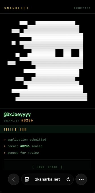 A Snarklist submission screen showing a pixel art ghost character submitted by @0xJoeyyyy with record #0286 sealed and queued for review on zksnarks.net.