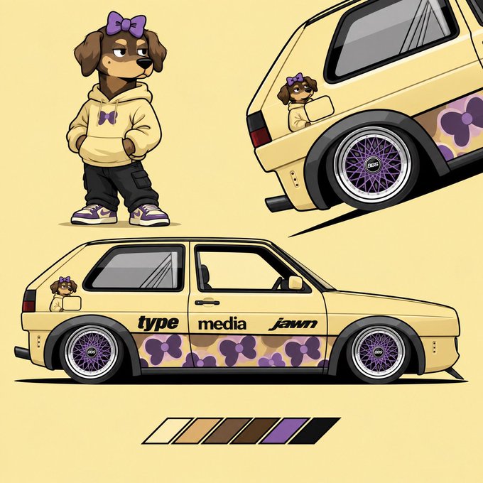 An illustration of a cartoon dog character with a purple bow wearing a yellow hoodie, alongside two views of a customized yellow hatchback car with purple camo accents, BBS wheels, and 'type media fauna' decals.