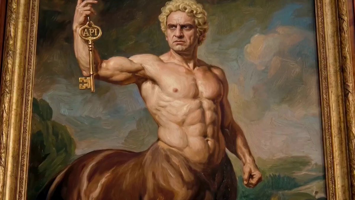 The image features an oil painting of a muscular man holding a golden key, which appears to be a symbol or talisman. The painting is displayed within a gold frame, giving it an elegant appearance. The background of the painting depicts a cloudy sky with trees in the distance, creating a sense of depth and atmosphere. The post includes text that reads "Your AI token bill is about to get a lot more manageable with @coworkerapp". This message suggests that the man depicted in the painting might be involved in some form of business or partnership related to the golden key he holds.