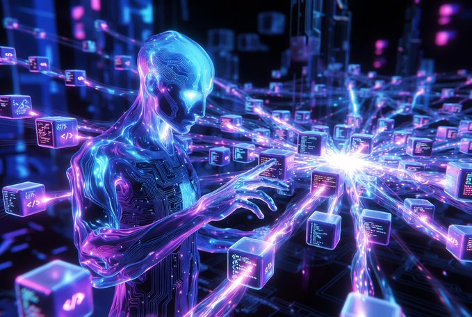 A futuristic AI-themed digital artwork featuring a glowing blue and pink humanoid figure surrounded by interconnected data cubes and energy streams.