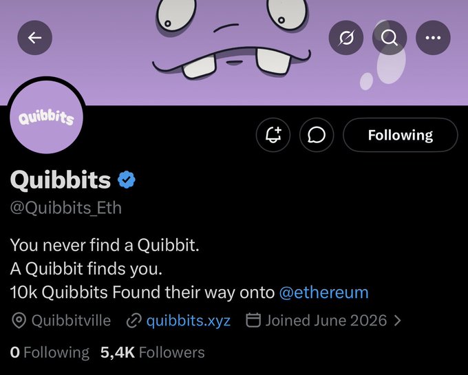 The image shows a post on Twitter from a user named @Quibbits_ETH that says "You never find a Quibbit. A Quibbit finds you." The post indicates that there are 10,000 Quibits found for the cryptocurrency Ethereum, with an estimated value of TBA DYOR or NFA. This suggests that the account is likely sharing information about the value and benefits of using ether as a cryptocurrency.