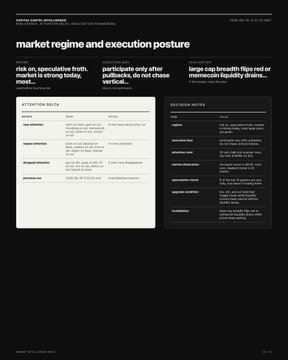 The image displays a "Market Regime and Execution Posture" report with three sections: "Afterthought Notes" emphasizing disciplined risk and speculative path, "Execution Notes" advising participants to avoid chasing, and "Decision Notes" suggesting large-cap breadth filters outperform memecoin liquidity drains. The data table covers metrics like BTC, time horizon, target allocation, proposal selection, and risk regime, aligning with the post's mention of majors ($BTC, $SOL, $ETH) and memes ($CASHCAT) updates.