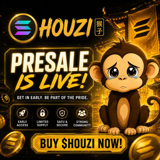 A promotional graphic for the "$HOUZI" token presale featuring a cartoon monkey with teary eyes and a gold/black color scheme, displaying "PRESALE IS LIVE!" and "BUY $HOUZI NOW!" alongside features like "EARLY ACCESS," "LIMITED SUPPLY," "SAFU & SECURE," and "STRONG COMMUNITY," which complements the accompanying post's offer to purchase $HOUZI tokens with $SOL at a rate of 15 million tokens per 1 SOL.