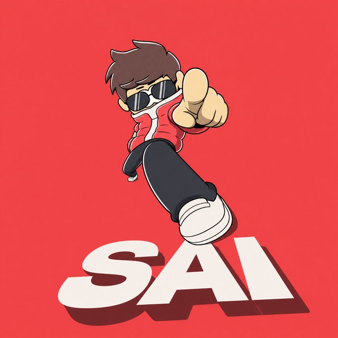 A cartoon character with sunglasses, a red jacket, and white sneakers strikes a dynamic pose pointing forward while stomping on the bold white text "SAI" against a red background, perfectly capturing the confident, self-assured energy of someone flexing their monthly achievements.