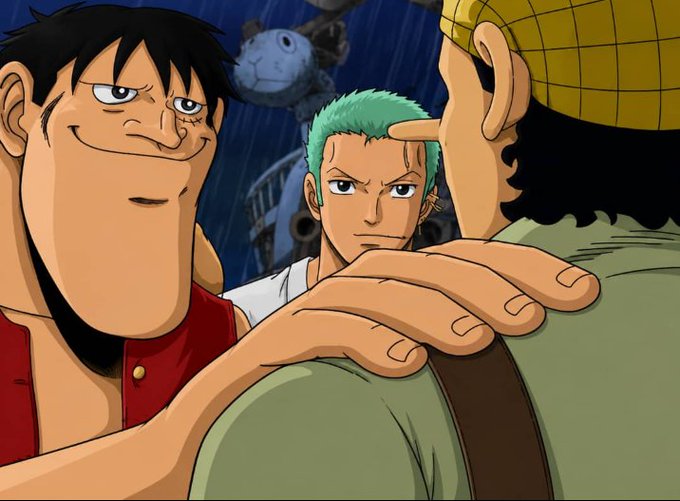Anime scene featuring three characters, with the central one having green hair and a serious expression, while another character to the left smiles mischievously.