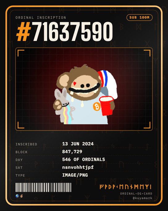 A digital 'Ordinal Inscription' card #71637590 featuring a cartoon monkey character, inscribed on 13 JUN 2024.