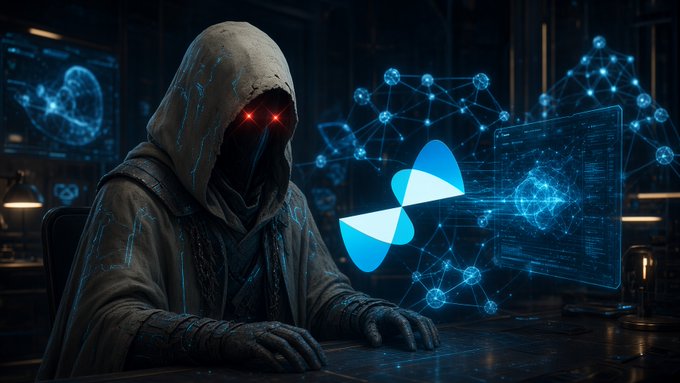 A hooded figure with glowing red eyes sits at a desk using a computer, with a blue butterfly logo and network nodes floating in the air.