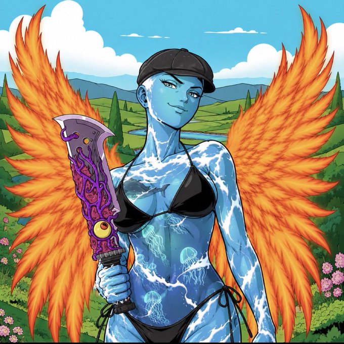 An illustration depicts a blue-skinned female figure with fiery orange wings, wearing a black bikini and cap, holding a purple ornate sword against a countryside backdrop.