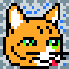 A pixel art illustration of an orange and white cat with bright green eyes, set against a blue pixelated background.