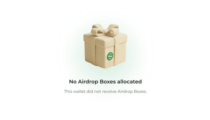A screenshot from the DAPPOS Airdrop Portal showing a beige gift box graphic with the message "No Airdrop Boxes allocated" and "This wallet did not receive Airdrop Boxes," illustrating the poster's disappointing outcome after checking their eligibility.
