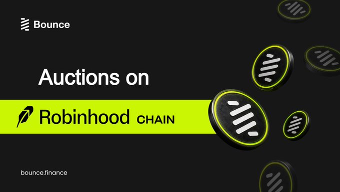 A black promotional banner with neon green accents reads 'Auctions on Robinhood CHAIN' featuring the Bounce logo and website bounce.finance.
