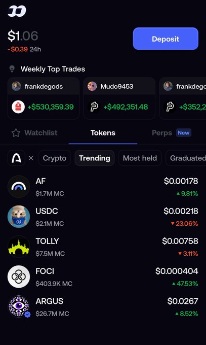 A mobile cryptocurrency trading app interface shows a balance of $1.06 and lists trending tokens like AF, USDC, TOLLY, FOCI, and ARGUS along with their prices and market caps.