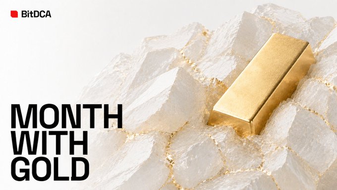 A BitDCA promotional graphic featuring a gold bar surrounded by crystalline quartz, with the text 'MONTH WITH GOLD' in bold black letters and the BitDCA logo in the upper left.