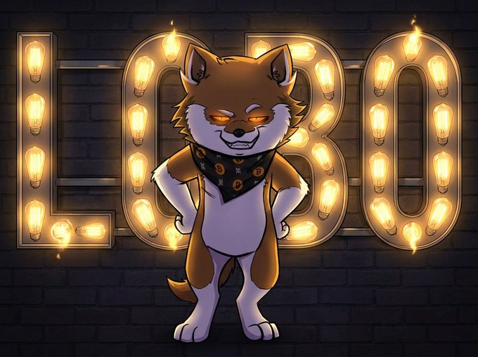 An anime-style fox mascot wearing a Bitcoin-themed bandana stands in front of illuminated marquee letters spelling 'LOBO'.