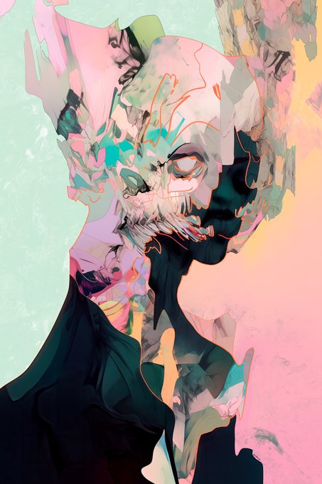 An abstract digital illustration featuring a fragmented, expressive portrait rendered in pink, mint green, and black brushstrokes with hints of orange.