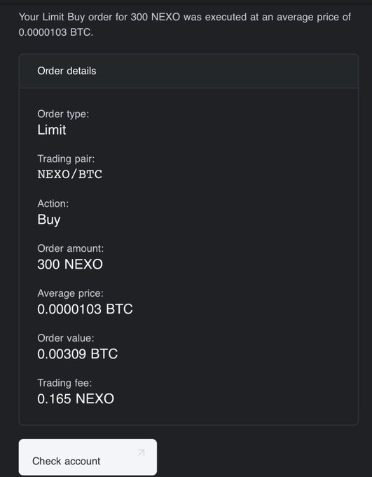 A mobile screenshot confirms that a Limit Buy order for 300 NEXO was executed at an average price of 0.0000103 BTC, totaling 0.00309 BTC with a 0.165 NEXO trading fee.