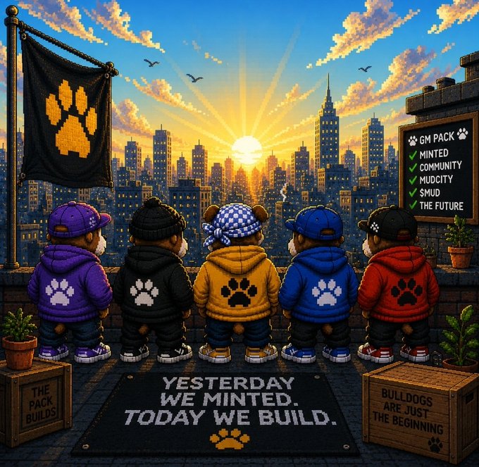 Five pixel-art Bulldogs in colored hoodies (purple, black, yellow, blue, red) stand with their backs turned, gazing out over a sunlit cityscape, alongside a banner reading "GM PACK" and a checklist featuring "MINTED, COMMUNITY, MUDCITY, SMUD, THE FUTURE," and a mat inscribed with "YESTERDAY WE MINTED. TODAY WE BUILD." and "THE PACK BUILDS / BULLDOGS ARE JUST THE BEGINNING," visually reinforcing the post's message that the mint launch is just the start of the community's building phase.