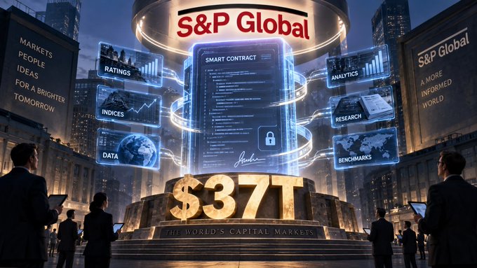 A promotional graphic for S&P Global featuring a futuristic digital display showcasing smart contracts, ratings, analytics, indices, research, benchmarks, and data, with a large '$37T' display and the tagline 'THE WORLD'S CAPITAL MARKETS.'
