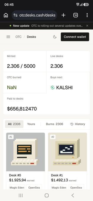 A mobile screenshot of otcdesks.cash/desks showing NFT desk statistics including 2,306 minted out of 5,000, $656,812.47 paid to desks, with Desk #0 earning $1,925.94 and Desk #1 earning $1,492.13.