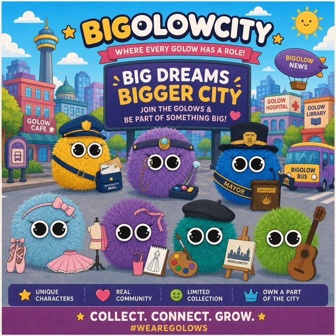 A colorful promotional poster for "BigOlowCity" featuring eight fluffy pom-pom characters representing different professions (Mayor, doctor, mail carrier, artist, musician, etc.) in a vibrant cartoon cityscape, with the tagline "Big Dreams Bigger City - Join the Golows & Be Part of Something Big" and "Collect. Connect. Grow. #WeAreGolows" at the bottom. The image ties to the post by showcasing the variety of unique Golow NFT characters, each with distinct professions and personalities, inviting viewers to join this community-driven Polygon NFT collection.