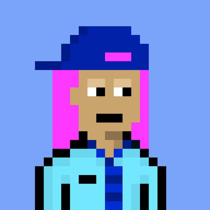 Pixel art portrait of a character with pink hair, a blue baseball cap, and a light blue jacket against a blue background.