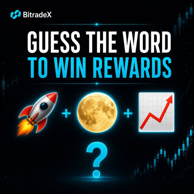 A promotional giveaway graphic by BitradeX featuring the text "GUESS THE WORD TO WIN REWARDS" with emoji clues: a rocket 🚀, a full moon 🌕, and a chart with an upward red arrow 📈, prompting viewers to guess the crypto phrase (likely "To the Moon").