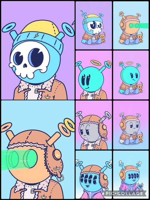 A pic collage featuring multiple cartoon characters including a blue skull figure and a green alien-like character, all wearing winter hats and coats.
