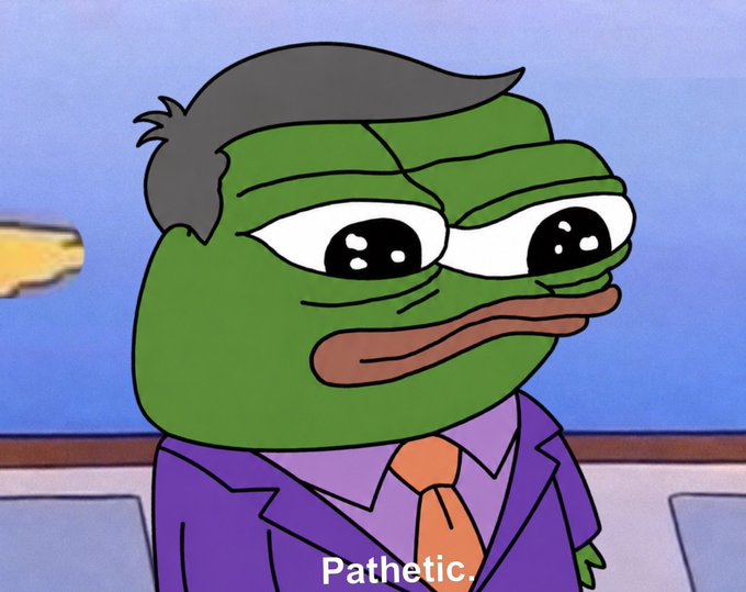 A green Pepe the Frog character in a purple suit and orange tie stands with an unimpressed expression, with a yellow bird visible in the background. The caption "Pathetic" appears at the bottom, conveying the same dismissive, mocking tone as the reference to "@rekt_tekashi" calling the market "unserious for unserious people"—both share the same contemptuous attitude toward weak market participants.