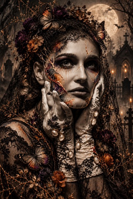A gothic fantasy portrait shows a woman surrounded by butterflies, flowers, lace, and thorny vines in front of a moonlit graveyard.