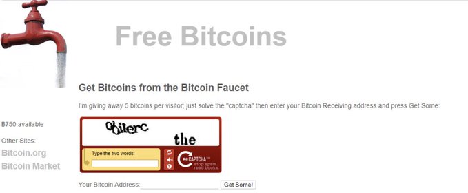 A website screenshot titled 'Free Bitcoins' shows a Bitcoin Faucet page offering '5 bitcoins per visitor' with a reCAPTCHA verification box asking to type two words before entering a Bitcoin receiving address.
