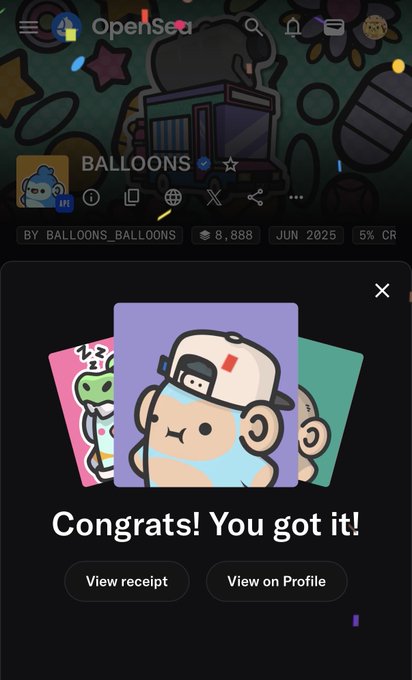 An OpenSea mobile screenshot showing a successful NFT purchase from the 'BALLOONS' collection with the message 'Congrats! You got it!' and buttons to view receipt or profile.