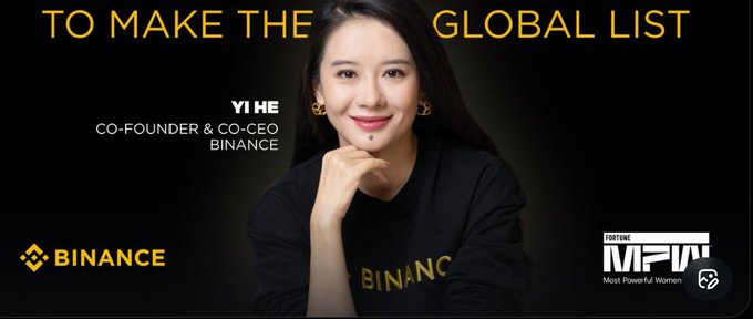 The image features a woman with long hair, wearing a black shirt, posing for a photo. The background of the image is dark gray, which contrasts with her attire. The text "To make the global list" is written above her head, indicating that she might be featured in an article or a list. The post also mentions Bitcoin and Binance, suggesting that it could be related to cryptocurrency or financial news.