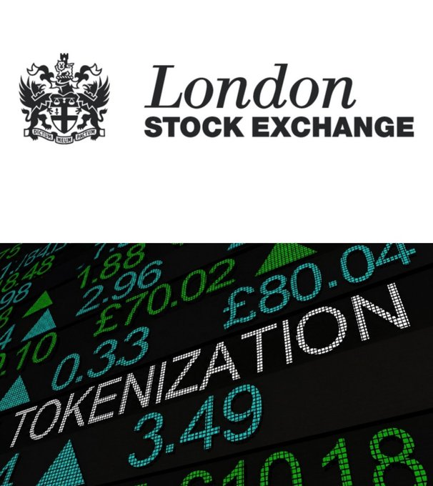 The image shows the London Stock Exchange logo at the top and a digital ticker board displaying the word "TOKENIZATION" alongside various currency values and stock figures, visually reinforcing the post's claim that London is prepared to embrace tokenized assets like XRP toward a $10,000 valuation.