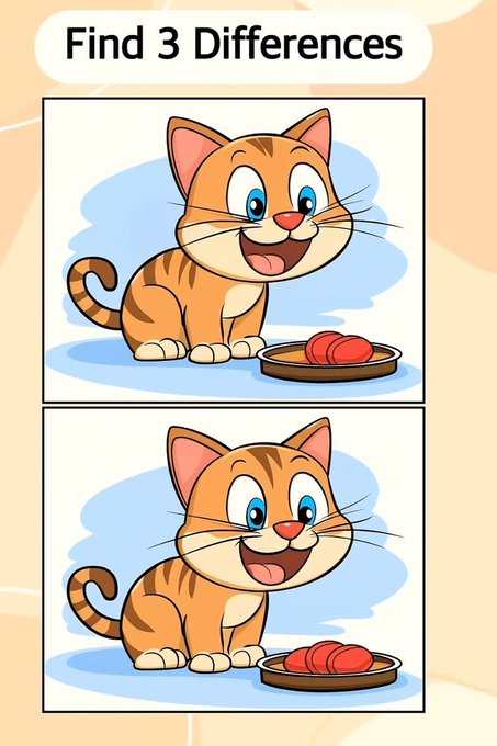 A 'Find 3 Differences' puzzle showing two cartoon illustrations of an orange tabby cat with a bowl of red food.