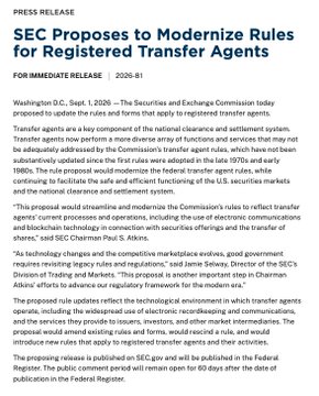 The image is a SEC press release from September 1, 2020, announcing proposed rules to modernize regulations for registered transfer agents, which would modernize outdated rules from the 1970s/early 1980s and introduce new rules to facilitate the use of electronic records and communications, including distributed ledger technology. This directly relates to the post's theme of blockchain technology being increasingly integrated into securities transactions and traditional finance infrastructure, as the proposed rules signal regulatory acceptance of blockchain-based recordkeeping in capital markets.