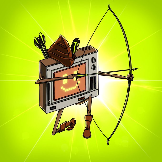 A cartoon illustration of a character with a retro TV for a head displaying a smiley face, wearing a brown cowboy hat and boots, drawing a bow and arrow against a bright green background.