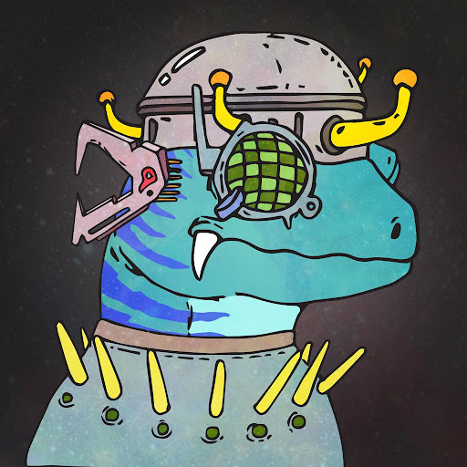 A cartoon illustration of a blue reptilian creature wearing a metallic dome helmet with antennae, goggles with green lenses, and a spiked collar.