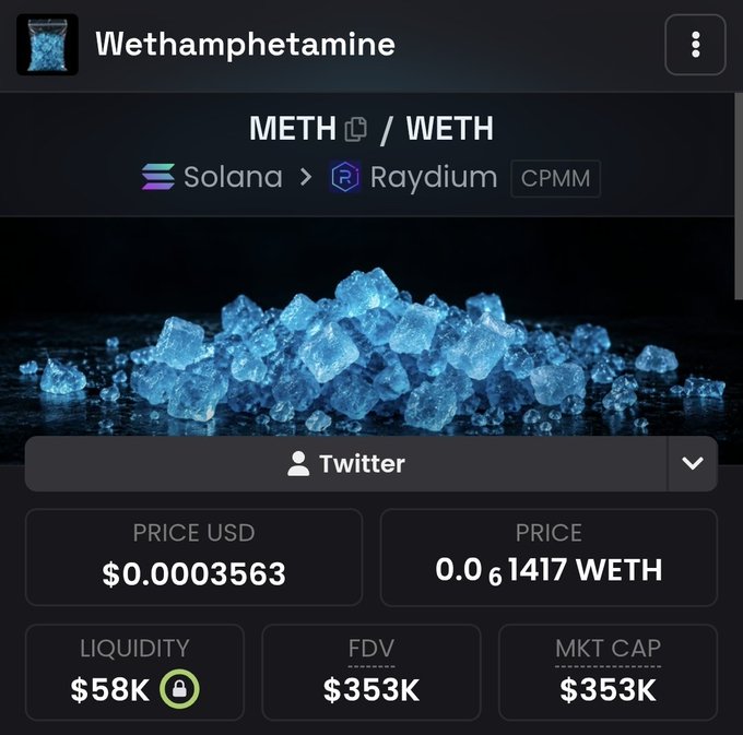 A cryptocurrency listing page displays the token 'METH' (Wethamphetamine) on the Solana blockchain via Raydium CPMM, showing a price of $0.0003563 USD and a market cap of $353K.